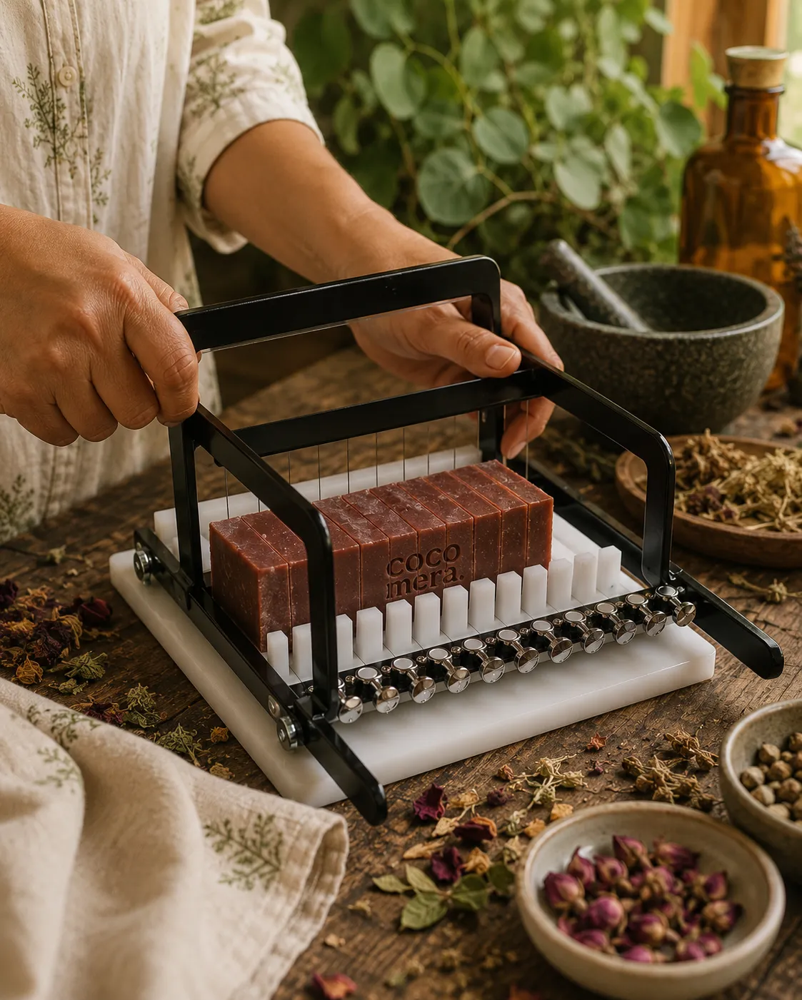 Handmade Cocomera soap being hand-cut from a mothers recipe